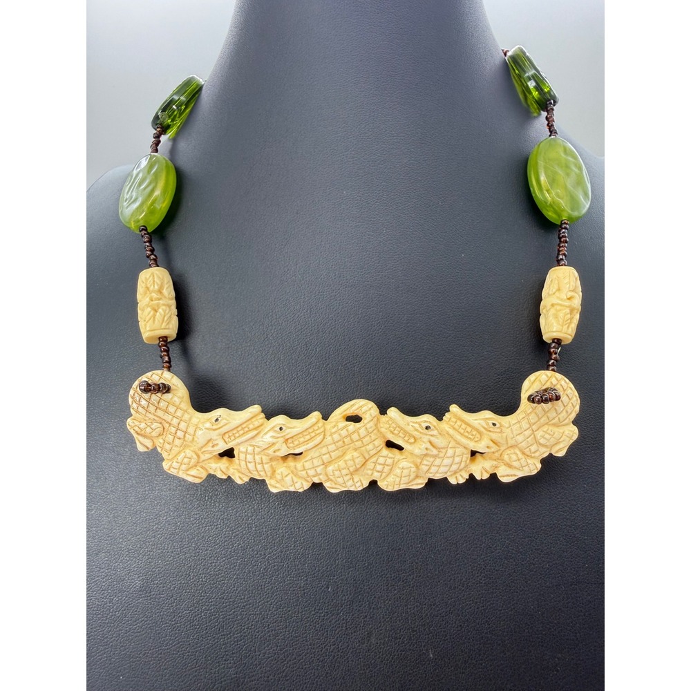 Vintage Style Carved Bone Crocodile Alligator Statement Necklace Green Sterling